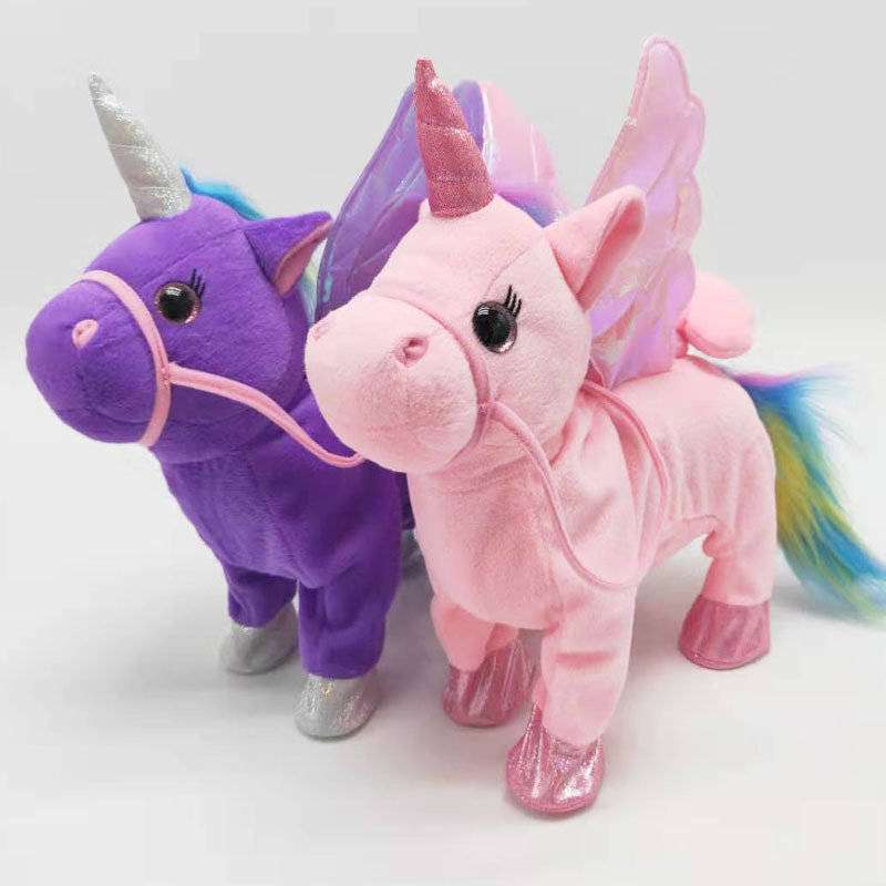 Popular Cute New Design Custom Unicorn Leash Pegasus Doll Walking Talking Swing Hip Electric Unicorn Pony Horse Doll