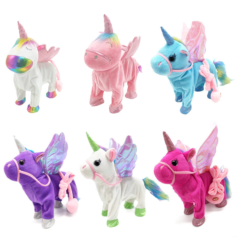 Popular Cute New Design Custom Unicorn Leash Pegasus Doll Walking Talking Swing Hip Electric Unicorn Pony Horse Doll