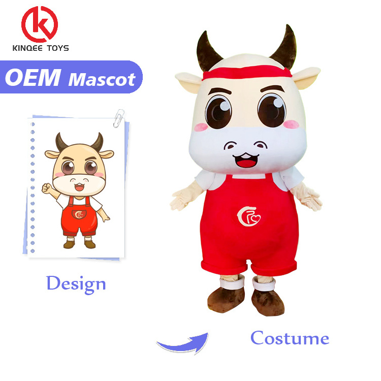 Kinqee Custom Adult Size Plush Animal Cartoon customized mascot costume Engrave High Quality  Cow Mascots Costumes For adults