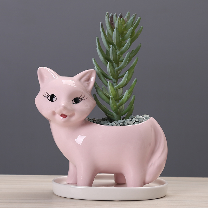 Wholesale Custom Small Ceramic Indoor Cartoon Animal Cat Shape Succulent Planter Flower Pots For Home Decor