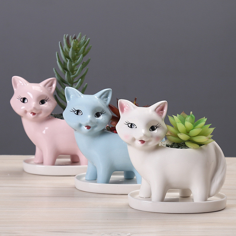 Wholesale Custom Small Ceramic Indoor Cartoon Animal Cat Shape Succulent Planter Flower Pots For Home Decor