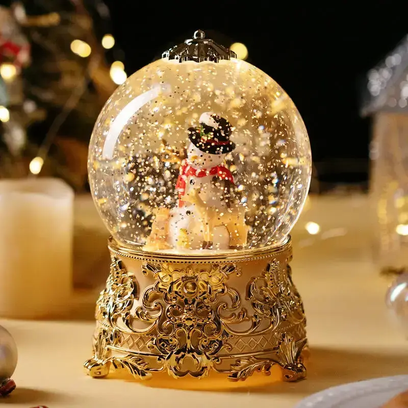 Custom Christmas Snow Dream Snowman Crystal Ball Music Box Wedding Decoration Lighted Crystal Snow Globe