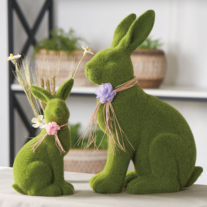 Wholesale Cheap Easter Green Flocking Ceramic Bunny For Easter Home Ornament