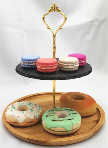 NEW STYLE 2 tilers crown mental holder 20 X 20 CM 25 x 25 cm round Slate & Bamboo serving stand for pastries and appetizers