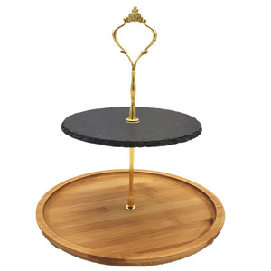 NEW STYLE 2 tilers crown mental holder 20 X 20 CM 25 x 25 cm round Slate & Bamboo serving stand for pastries and appetizers