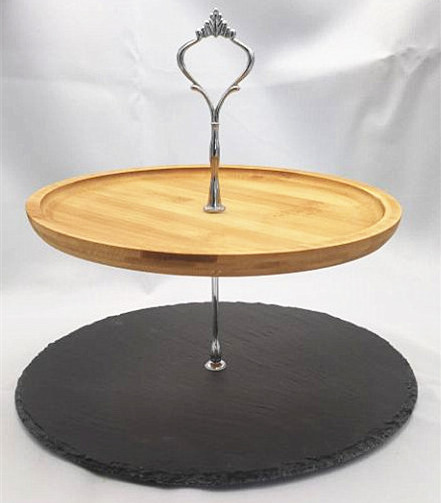 NEW STYLE 2 tilers crown mental holder 20 X 20 CM 25 x 25 cm round Slate & Bamboo serving stand for pastries and appetizers