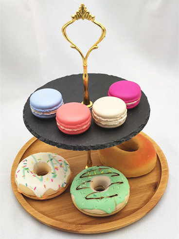 NEW STYLE 2 tilers crown mental holder 20 X 20 CM 25 x 25 cm round Slate & Bamboo serving stand for pastries and appetizers