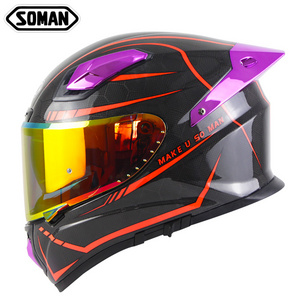 New Decal Soman Carbon Fiber Full Face Double Lens Motorcycle Helmets women purple bike helmet With chrome blue rear wing