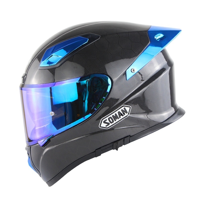 New Decal Soman Carbon Fiber Full Face Double Lens Motorcycle Helmets women purple bike helmet With chrome blue rear wing