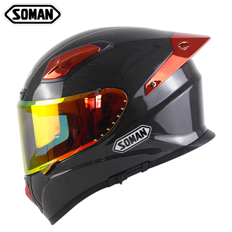 New Decal Soman Carbon Fiber Full Face Double Lens Motorcycle Helmets women purple bike helmet With chrome blue rear wing