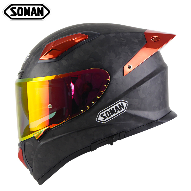 New Decal Soman Carbon Fiber Full Face Double Lens Motorcycle Helmets women purple bike helmet With chrome blue rear wing