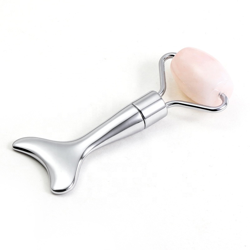 Single Head Jade Roller Metal Gua Sha Skin Tightening Face Massager with Rose Quartz Stone