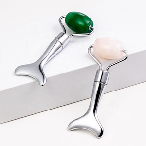 Single Head Jade Roller Metal Gua Sha Skin Tightening Face Massager with Rose Quartz Stone