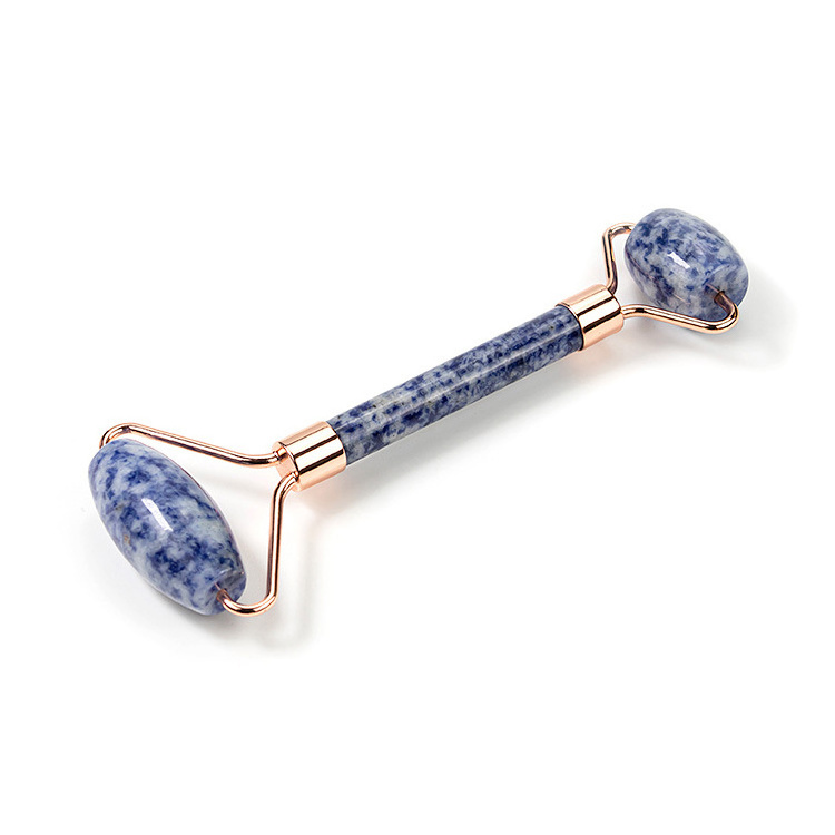 2022 Wholesale Blue Spot Stone Unique Jade Roller Face Massage Gua Sha Set Double Head Welded Jade Face Roller for Anti-aging