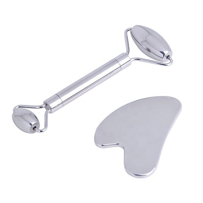 Custom metal cooling scraping massage Mirror polished stainless steel face roller and gua sha set