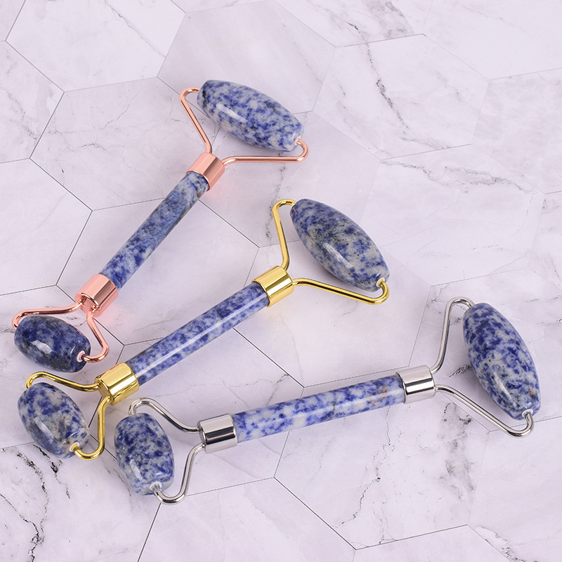 2022 Wholesale Blue Spot Stone Unique Jade Roller Face Massage Gua Sha Set Double Head Welded Jade Face Roller for Anti-aging