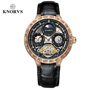 KNORVS Switzerland brand stainless steel Skleton Genuine Leather Tourbillon movement mechanical watches wrist men watch