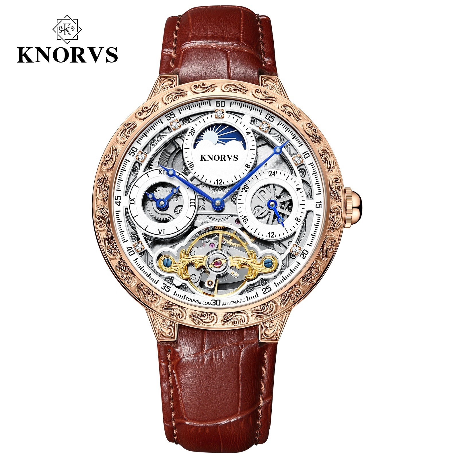 KNORVS Switzerland brand stainless steel Skleton Genuine Leather Tourbillon movement mechanical watches wrist men watch