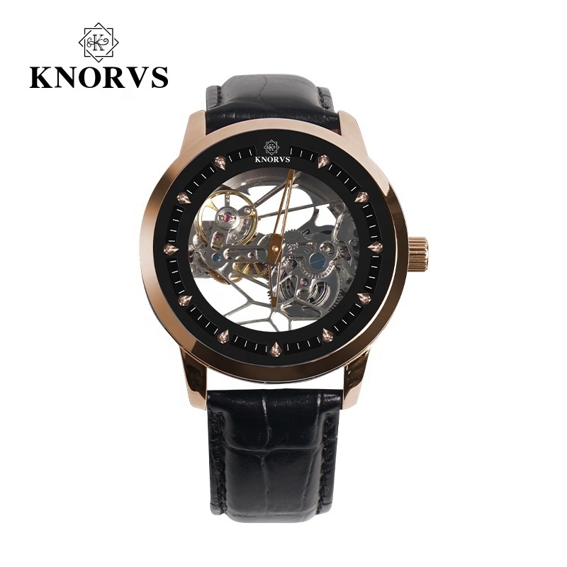 KNORVS Switzerland brand new arrival Genuine Leather skeleton luxury Tourbillon movement mechanical watch wrist watches