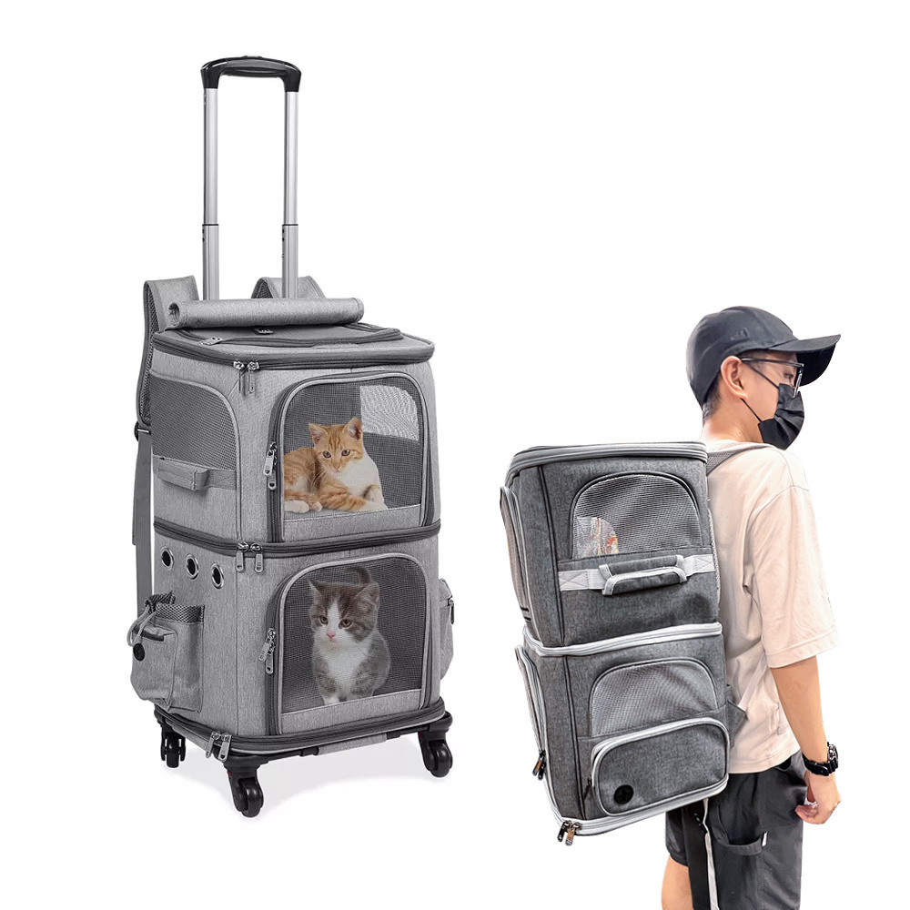 OEM Manufacturer Detachable Portable Travel Pet Carrier with Wheels for 2 Cats