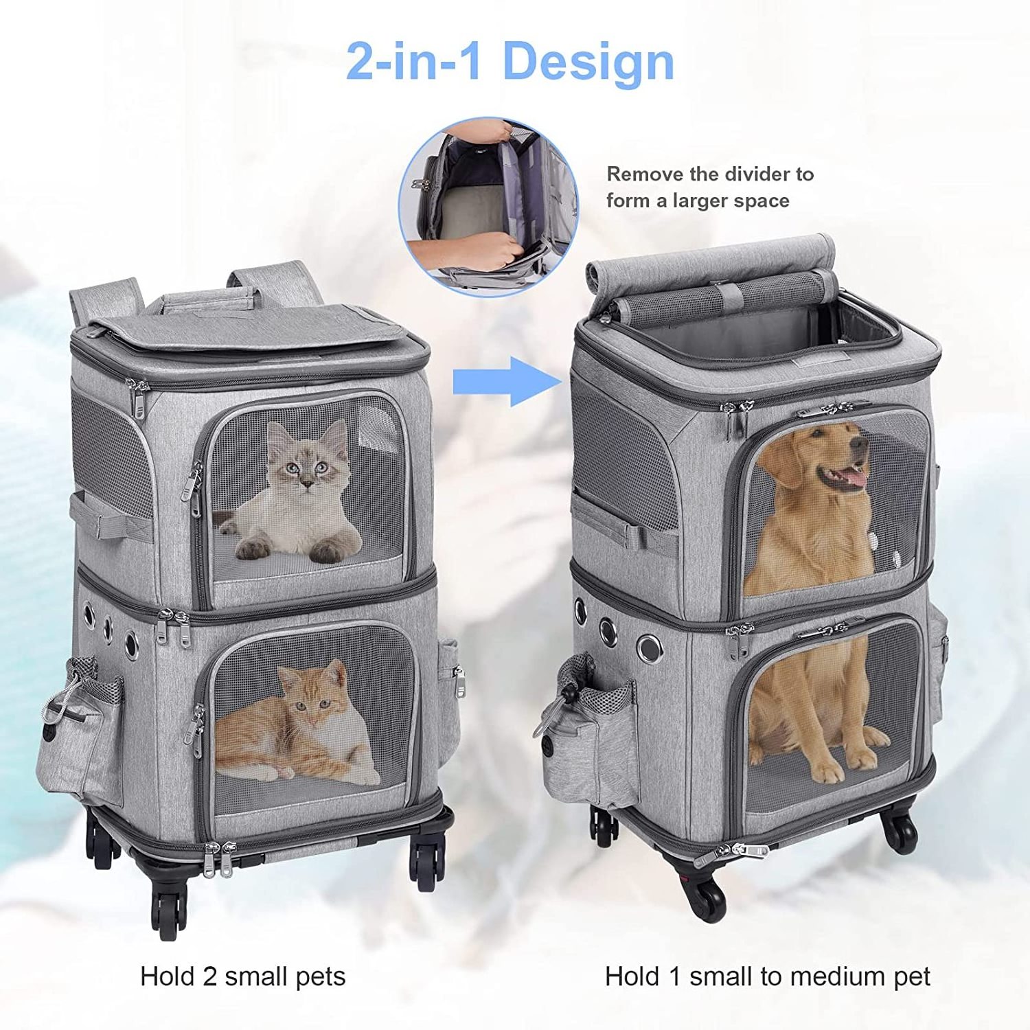 OEM Manufacturer Detachable Portable Travel Pet Carrier with Wheels for 2 Cats