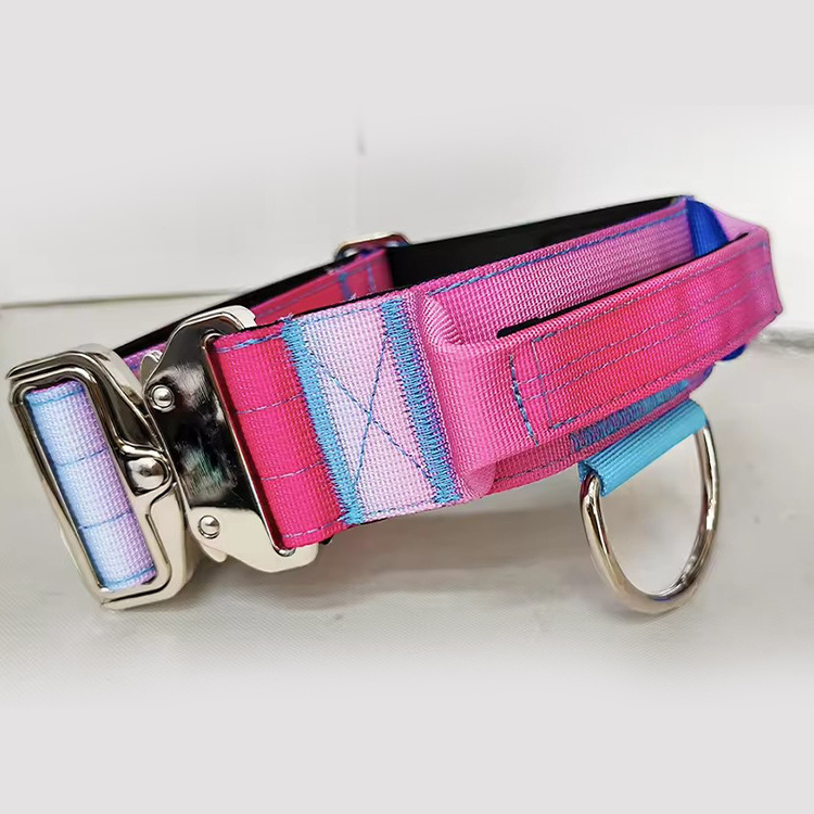 Gradient Colorful Custom Metal Buckle Heavy Duty nylon webbing Pet Tactical Dog collar and Leash with Extra Handle for big dog