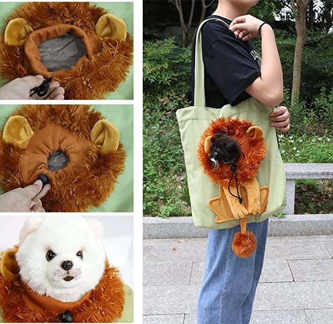 Cute Lion-Shaped Canvas Shoulder Carrying Bag Lion Pet Carrier Bag Lion sling carrier bag for Dogs and Cats