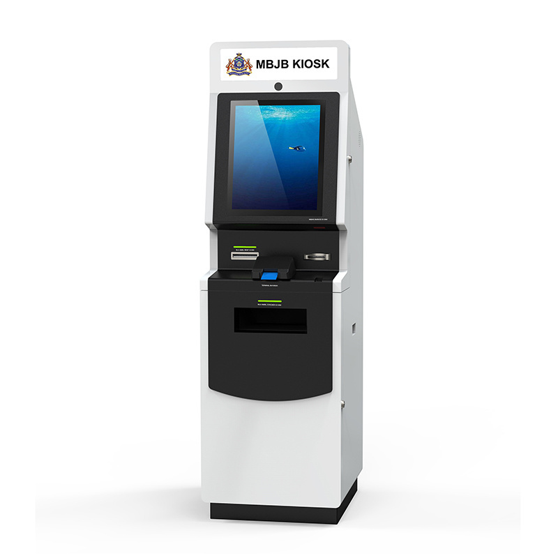 Custom self service banking multi function touch screen payment kiosk with NFC reader and card dispenser