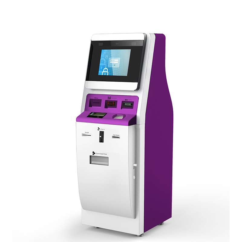 Custom self service banking multi function touch screen payment kiosk with NFC reader and card dispenser