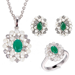 New item Malay jade green pearl jewelry set mix Zircon 925 sterling silver pendant 925 sterling silver earring ring jewelry set