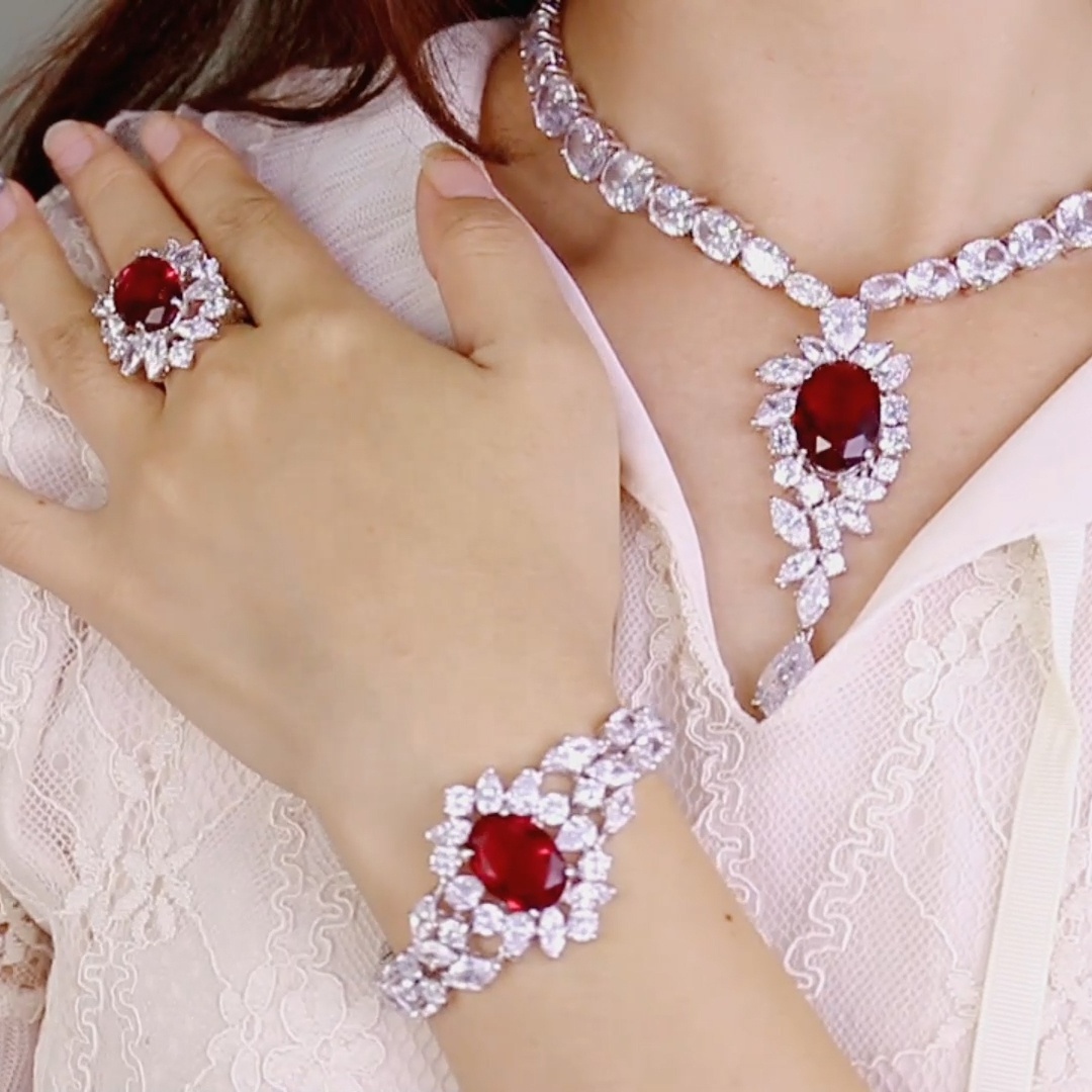 925 Sterling Silver Jewelry Set Red Corundum Crystal Zircon Luxury Wedding Jewelry Set Dubai Bridal Wedding Jewelry Sets