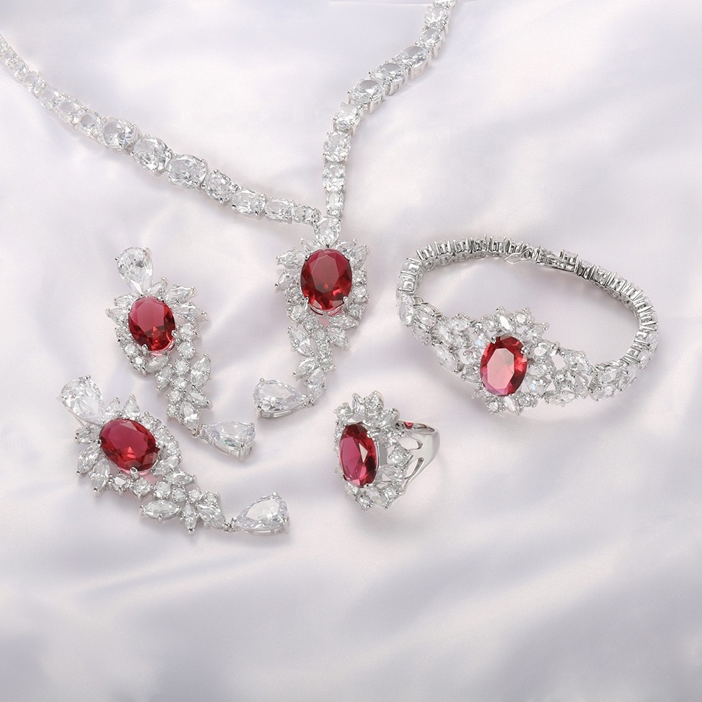 925 Sterling Silver Jewelry Set Red Corundum Crystal Zircon Luxury Wedding Jewelry Set Dubai Bridal Wedding Jewelry Sets