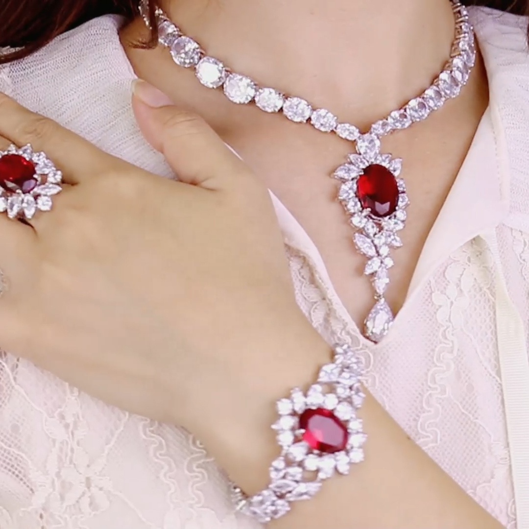 925 Sterling Silver Jewelry Set Red Corundum Crystal Zircon Luxury Wedding Jewelry Set Dubai Bridal Wedding Jewelry Sets