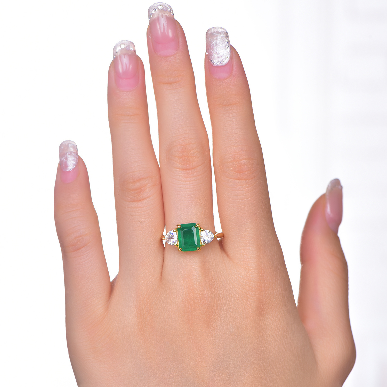 GRS102674W Kiriin Wholesale 925 silver Zirconia stone rings custom lucky green stone ring