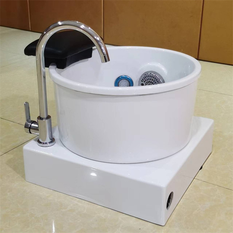 Foshan Kisen manufacturer beauty salon modern white foot spa massage pedicure bowl LED light sink with platform for sale