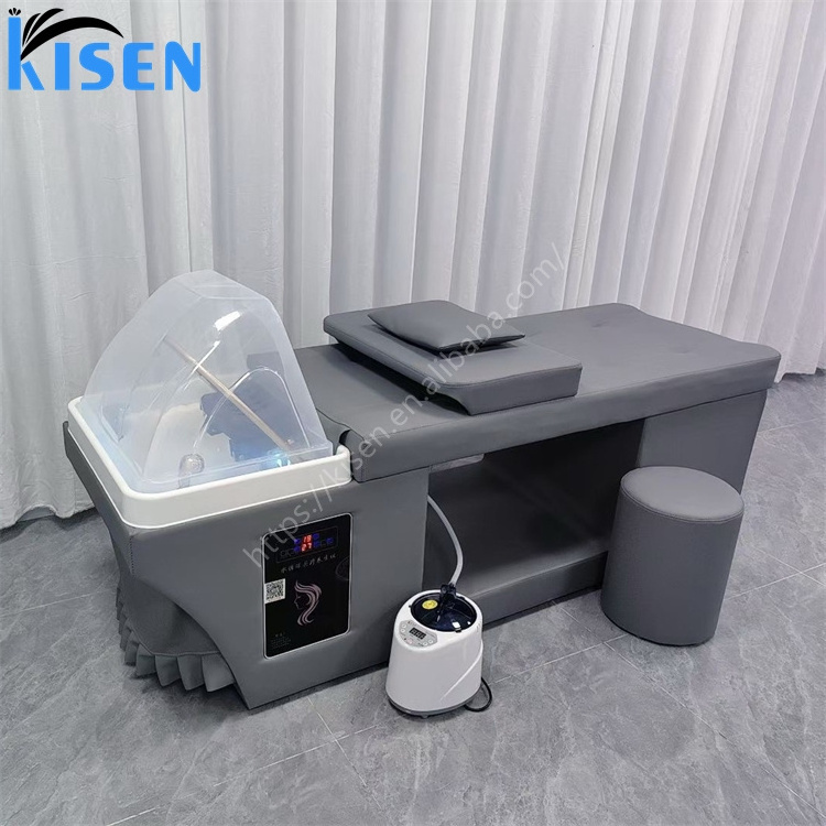 Kisen luxury hair salon black shampoo chair bed hair washing table with head therapy for barber shop hair beauty salon furniture