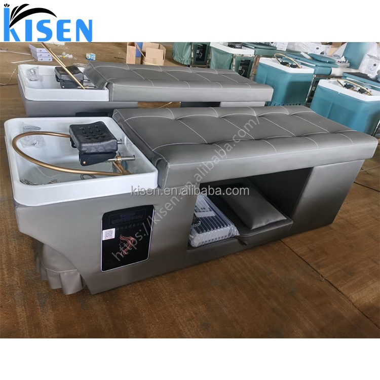 Kisen luxury hair salon black shampoo chair bed hair washing table with head therapy for barber shop hair beauty salon furniture