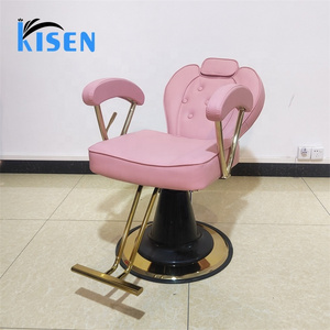 Kisen Pink Leather Swivel Barber Chair Cheap Price All Purpose Recliner With Gold Round Base For Hair Salon Styling