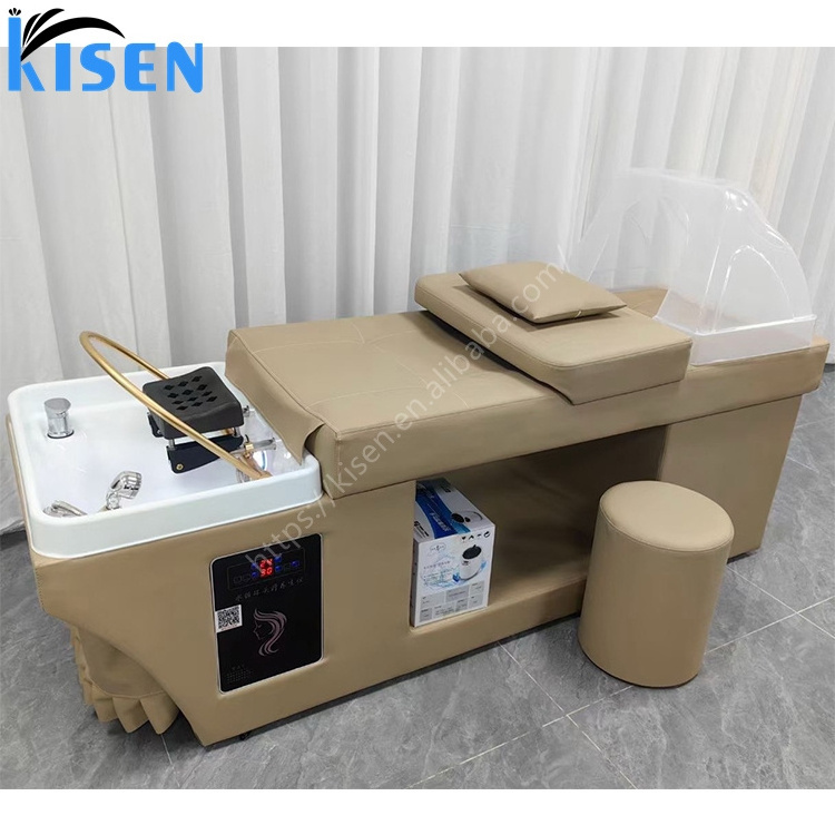 Kisen luxury hair salon black shampoo chair bed hair washing table with head therapy for barber shop hair beauty salon furniture