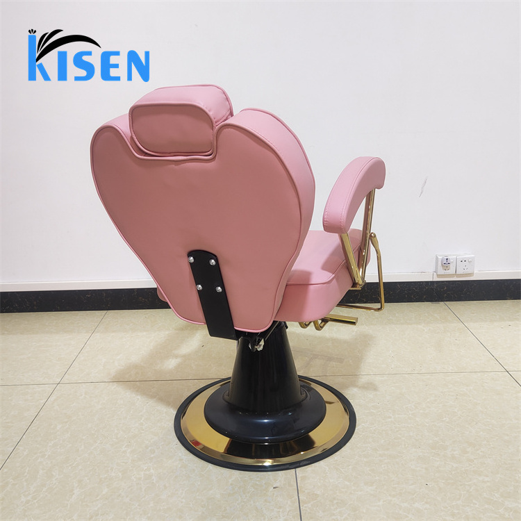 Kisen Pink Leather Swivel Barber Chair Cheap Price All Purpose Recliner With Gold Round Base For Hair Salon Styling