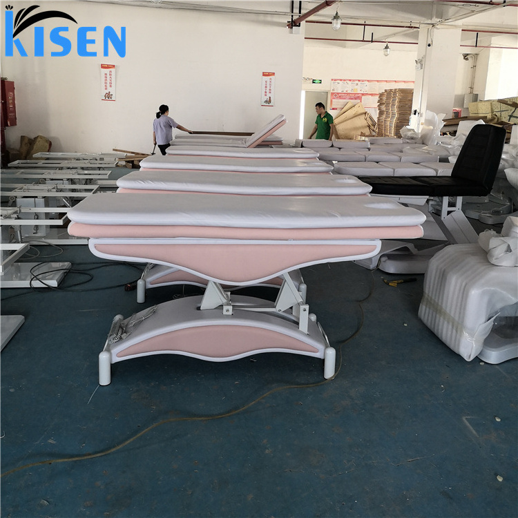 Kisen Luxury Pink White Color Custom Spa Massage Table Nursing Bed Chair Electric Facial Beauty 3 Motor Salon Furniture For Sale