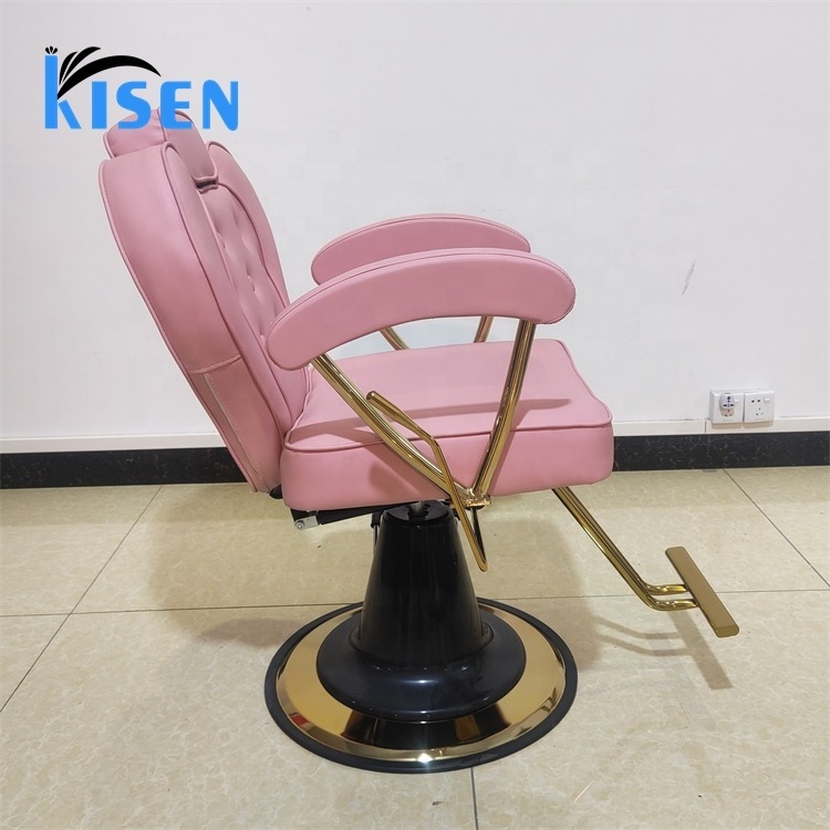 Kisen Pink Leather Swivel Barber Chair Cheap Price All Purpose Recliner With Gold Round Base For Hair Salon Styling