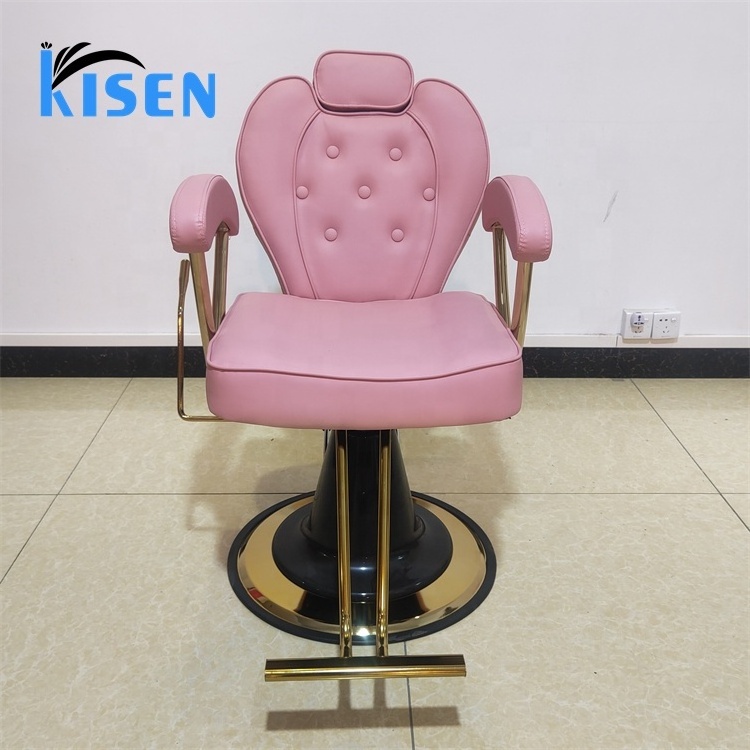 Kisen Pink Leather Swivel Barber Chair Cheap Price All Purpose Recliner With Gold Round Base For Hair Salon Styling