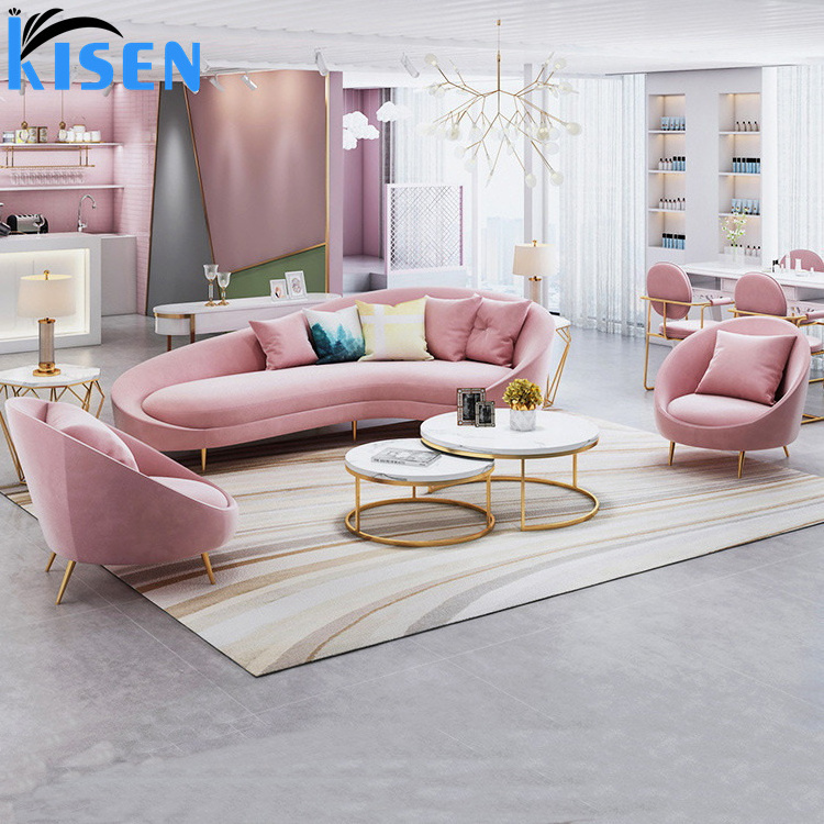 Kisen Beauty Spa Furniture Modern Waiting Sofa Reception Room Pink Leather Customer 3 seater chair for Sale