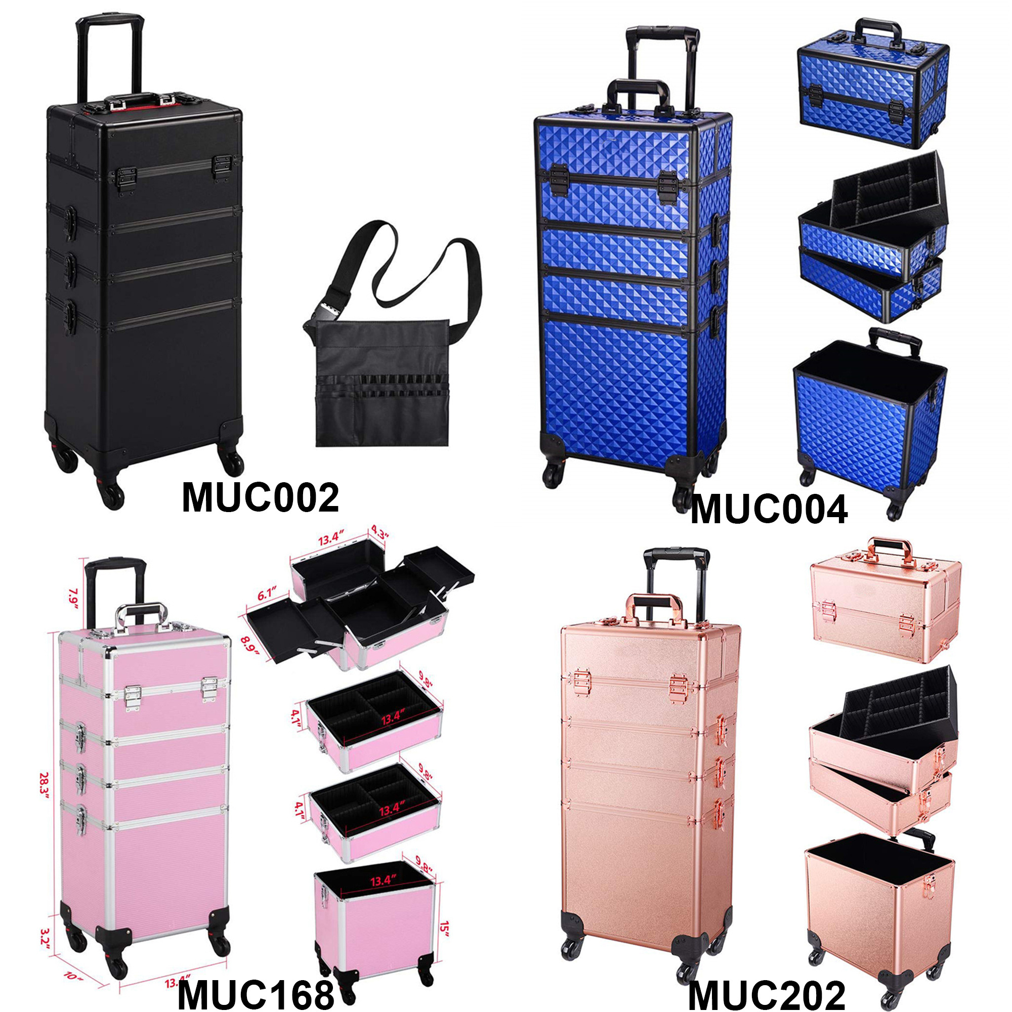 4 in 1 Aluminum Rolling Makeup Train Case Cosmetic Trolley Professional Artist Train Case Organizer Box Makeup Travel Case