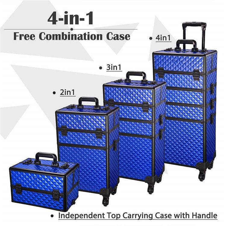 4 in 1 Aluminum Rolling Makeup Train Case Cosmetic Trolley Professional Artist Train Case Organizer Box Makeup Travel Case