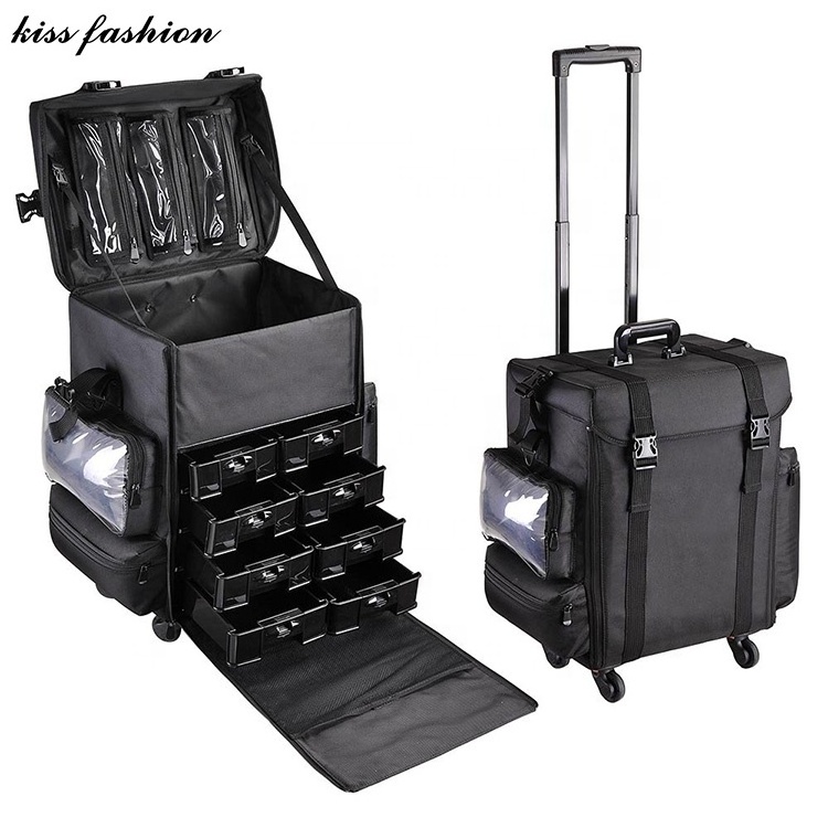 hairdresser large professional trolley Stylist Case, 4 wheel rolling aluminum cosmetic nail makeup craft storage suitcase case