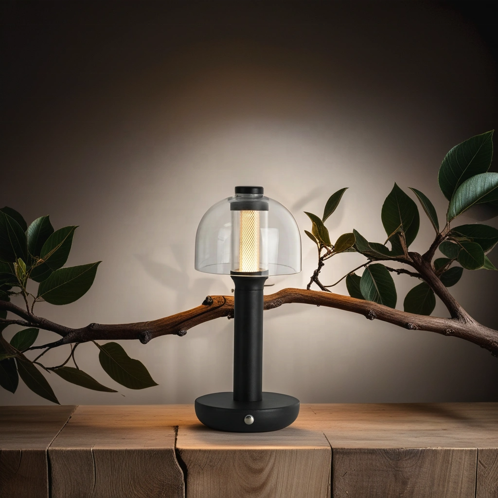 Glass Cordless rechargeable lamp with a decorative glass shade