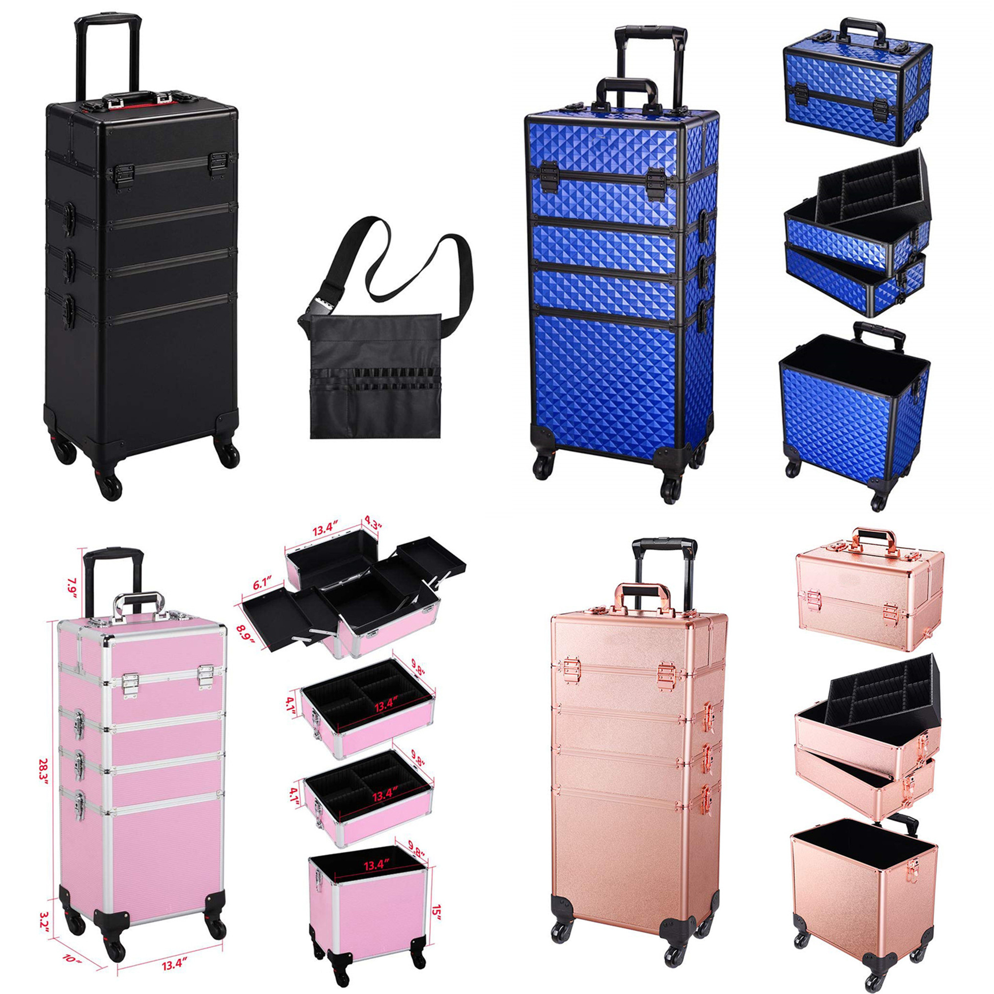 4 in 1 Aluminum Rolling Makeup Train Case Cosmetic Trolley Professional Artist Train Case Organizer Box Makeup Travel Case