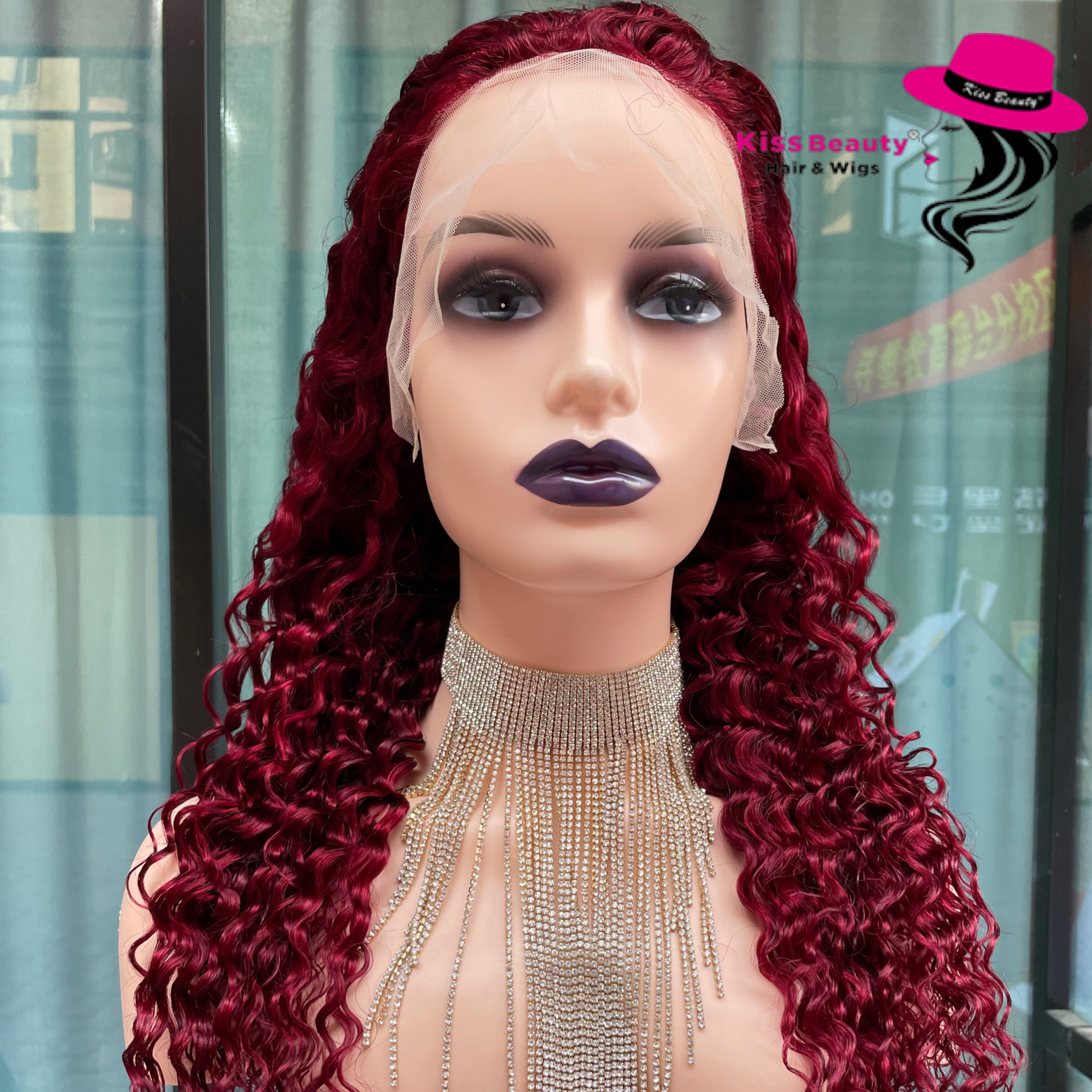 Peruvian Deep Wave Hair 13x4 Lace Front Wig Brazilian Human Hair Wigs Red Burgundy 180% Remy Human Hair Wigs